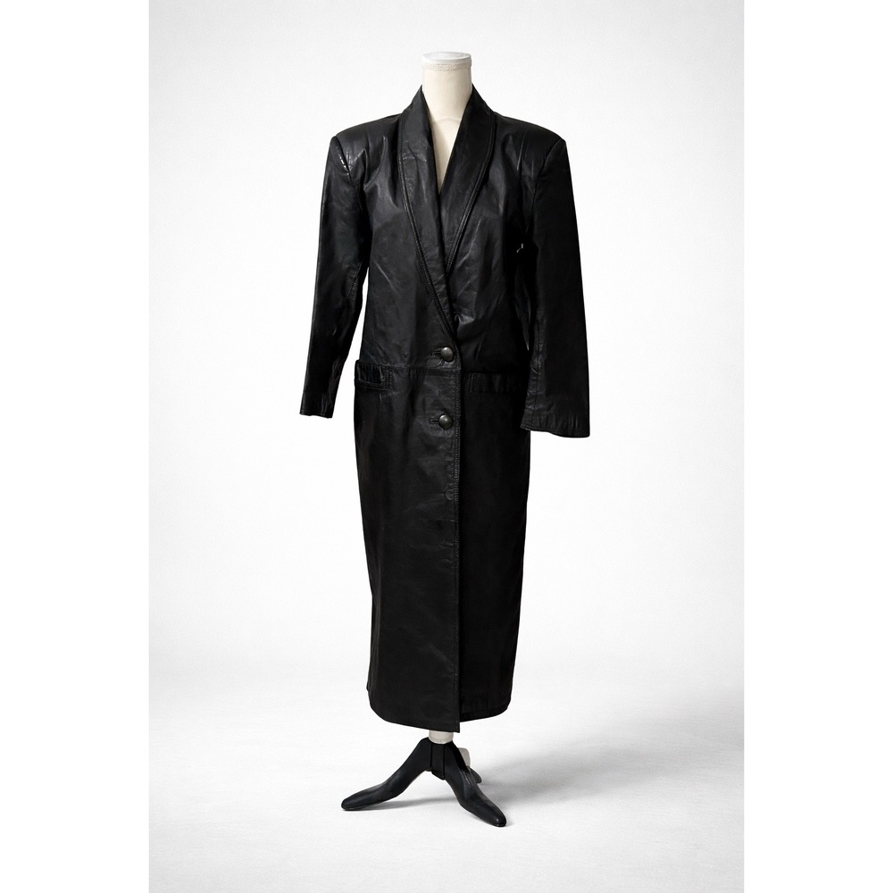 G III Vintage Black Leather Trench Coat Shawl Collar Long Jacket Womens Medium